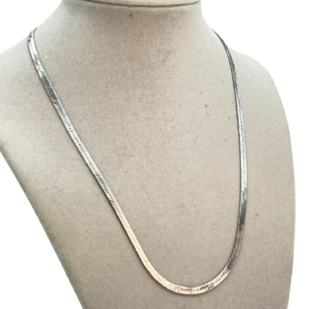 Silver Herringbone Necklace 925 Italy Sterling Flat Chain, 18” total length